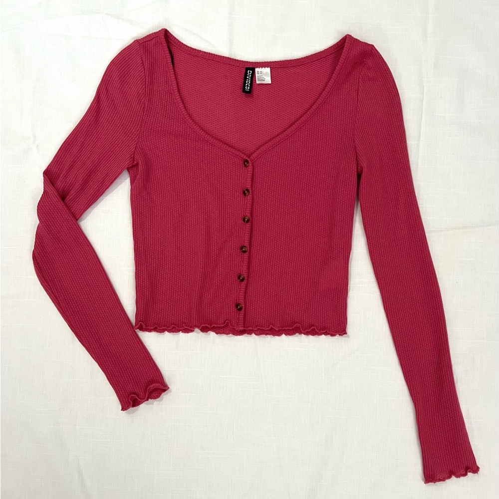 Women's Pink Button-Up Ribbed Top